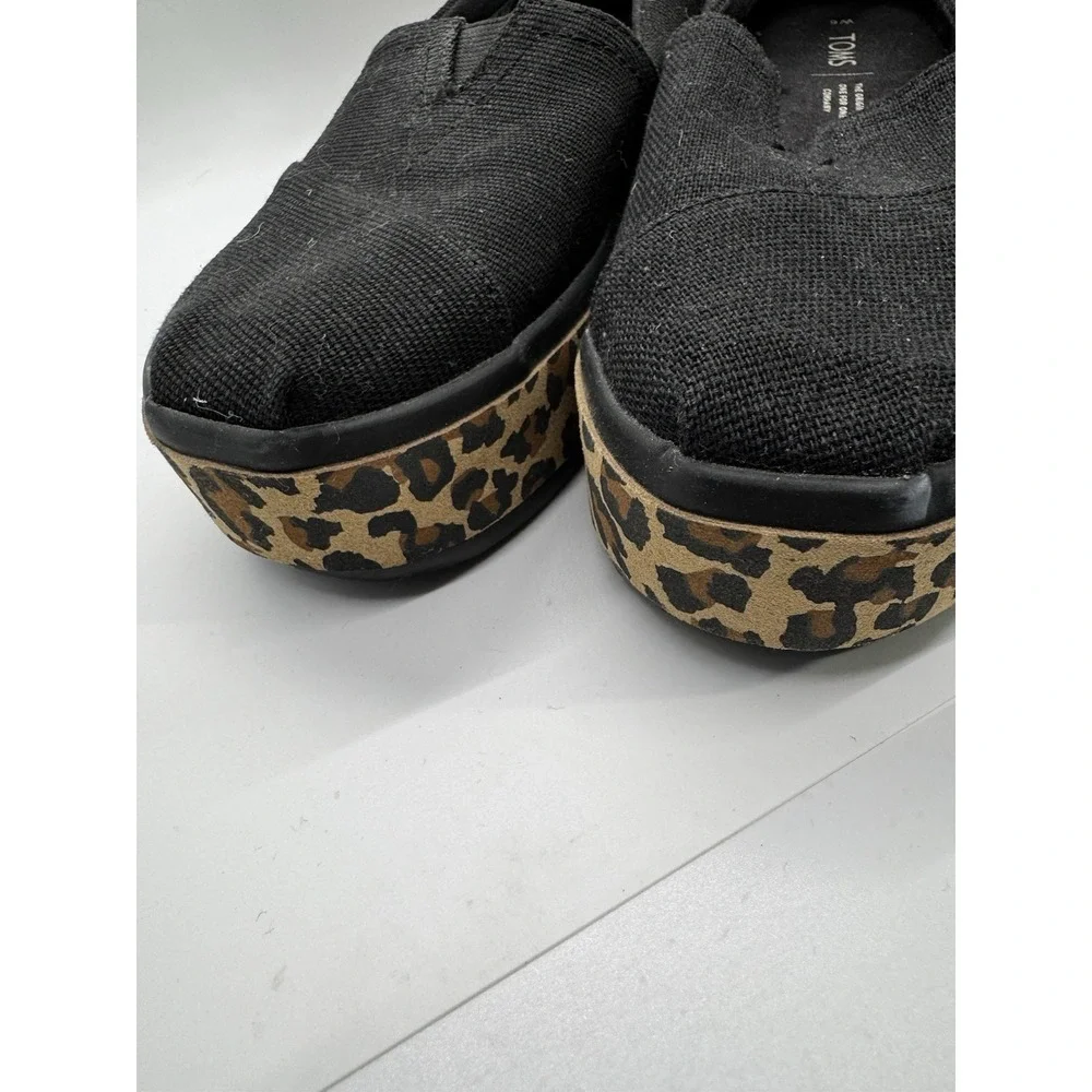 Toms Alpargata Boardwalk Platform Women Sz 6 Black Leopard Print Slip On EUC A15